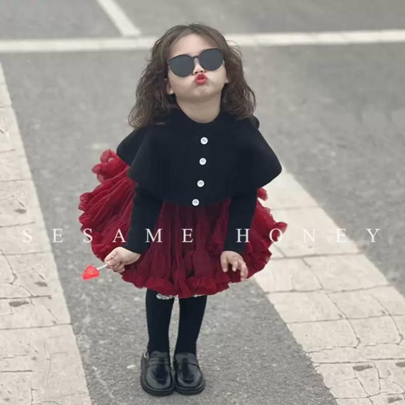 Cá Mập Con - A666: Áo Len Choàng Đen Đỏ Cúc Trắng Cho Bé Gái Qccc, Áo Len Xinh Cho Bé Gái