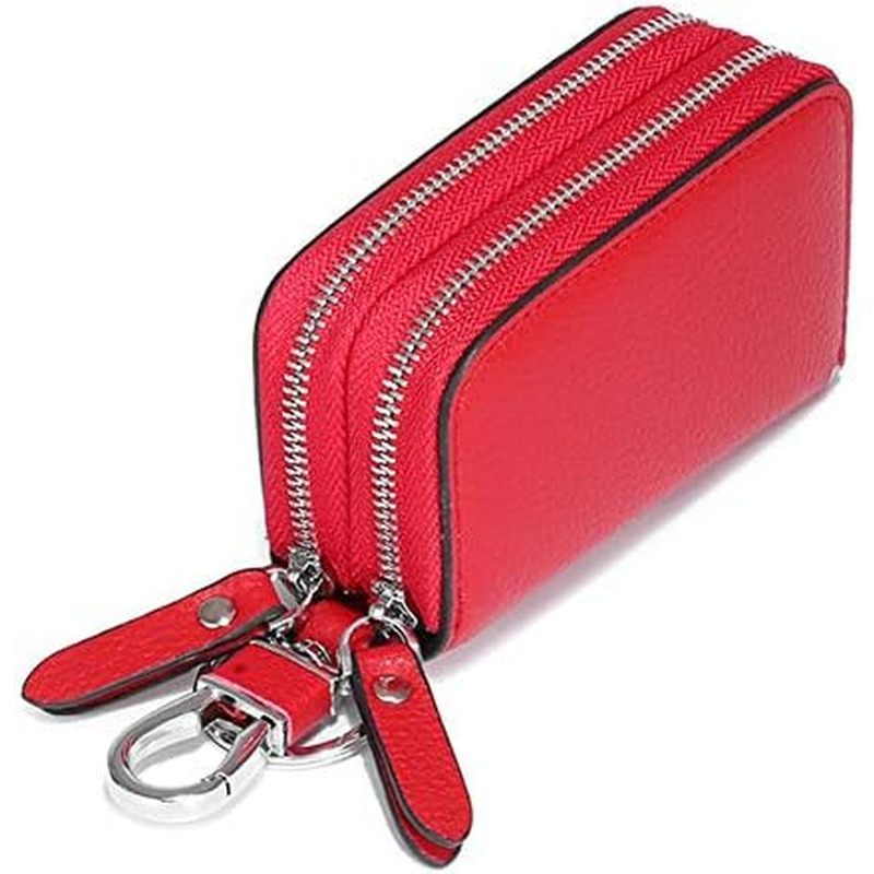 Key Fob Case Genuine Leather, Double Zipper Car Key Holder & Key Wallet with Keychain, Key Pouch for
