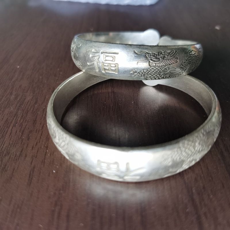 Cổ Cổ Vòng Tay Bạc Shuangfu Shuanglong Phong Cách Dân Tộc Miao Bạc Vòng Tay Cặp Retro Fushou Bạc Vòn