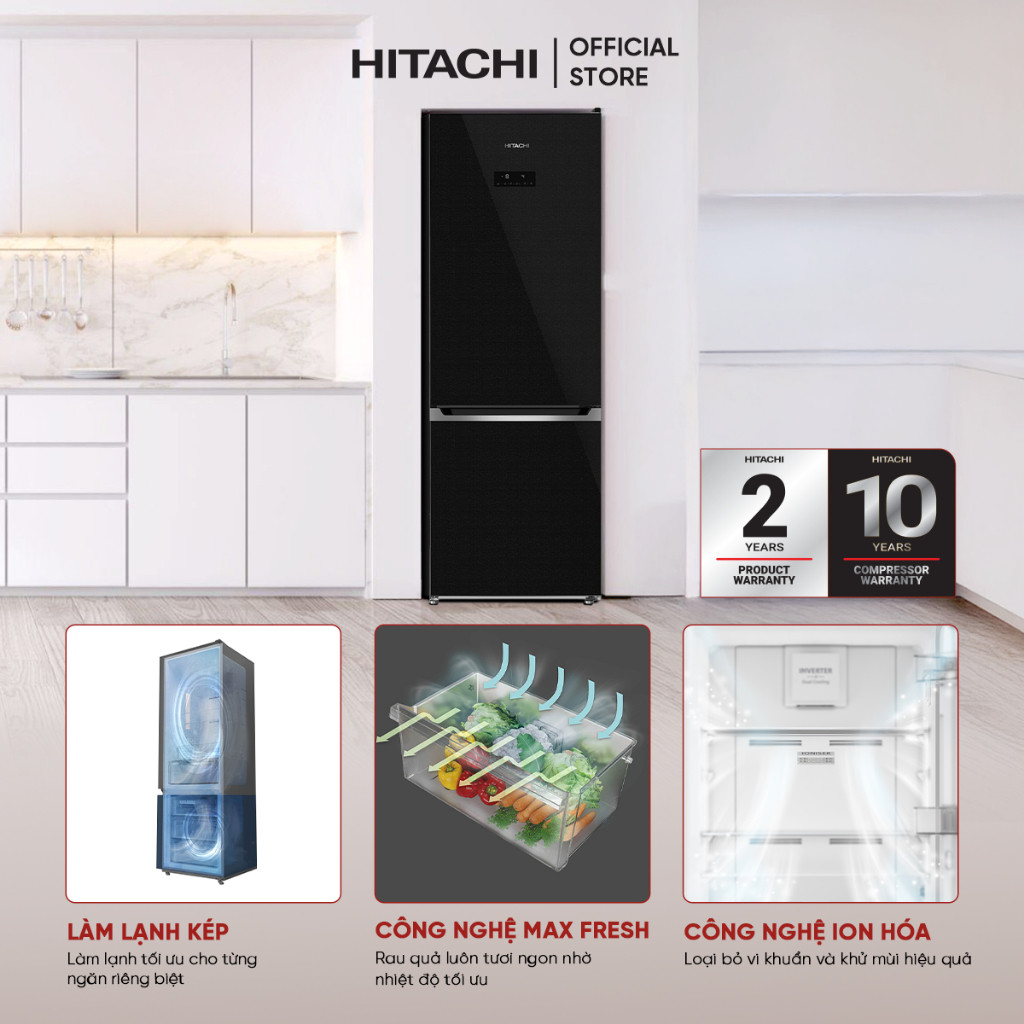 [MIỄN PHÍ GIAO HN HCM]Tủ Lạnh Hitachi HRBN6340DUVN 323L,2 Cánh Ngăn Đông Dưới, Inverter x Làm lạnh k