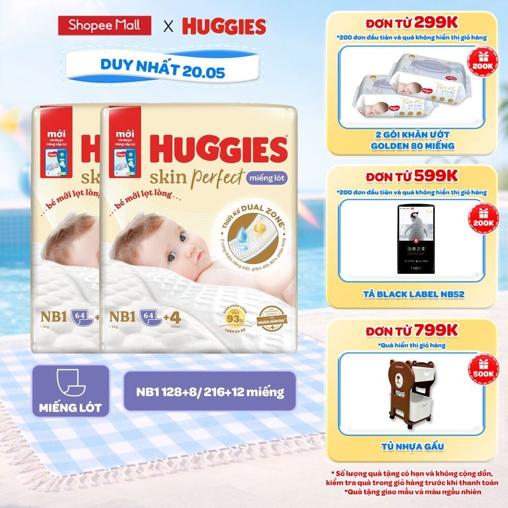 Combo 2 gói Miếng lót sơ sinh Huggies Skin Perfect 2 vùng thấm giảm kích ứng da NB1 64+4/NB1 108+6 m