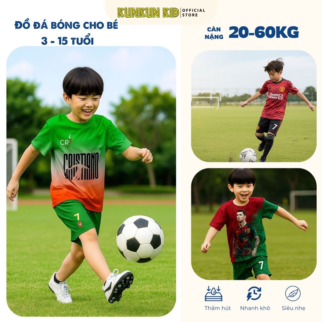 [20-60kg] Đồ đá banh bé trai hình cầu thủ Messi, Ronaldo thấm hút mồ hôi, thun cao cấp - KunKun Kids