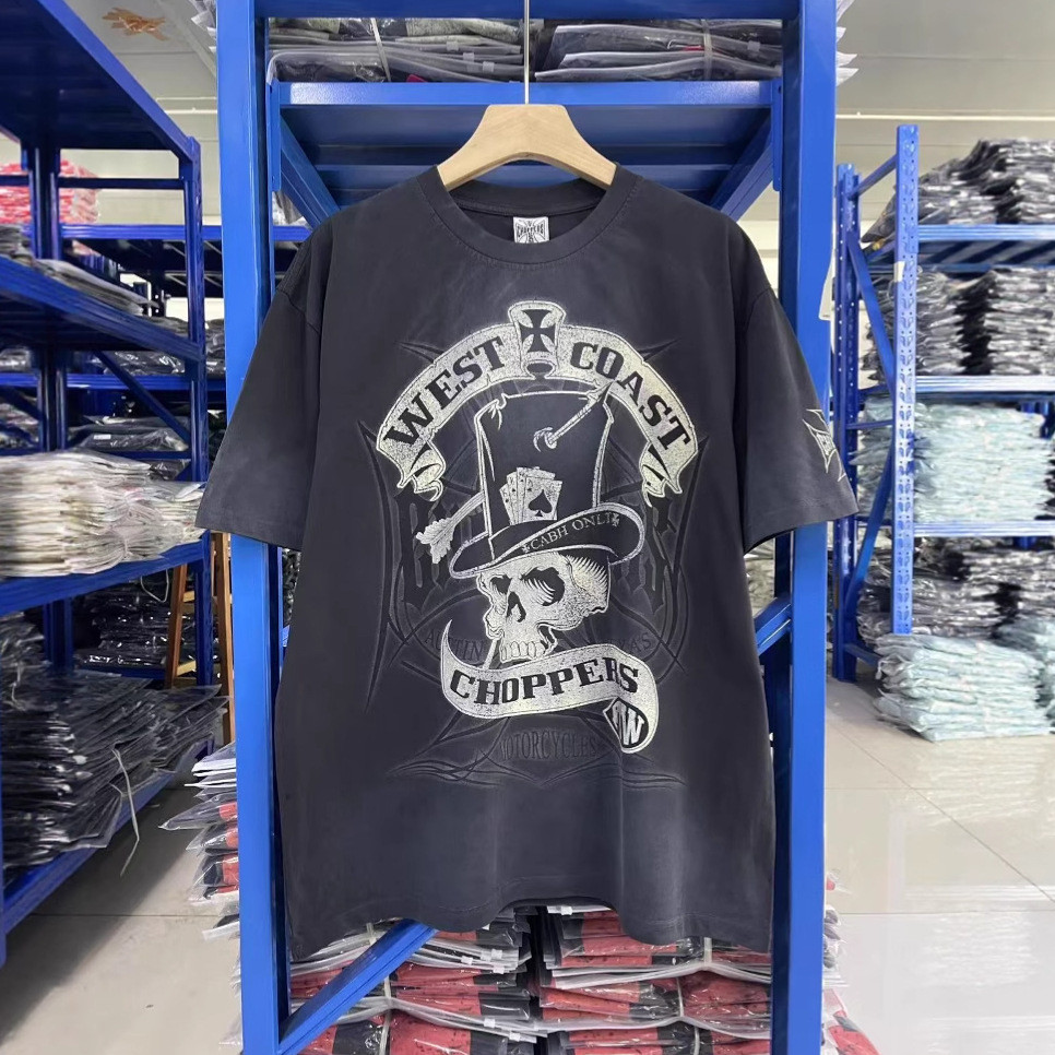 OAQU West Coast Choppers Letter Skull Wash Vintage Distressed Short Sleeve T Men's T-shirt