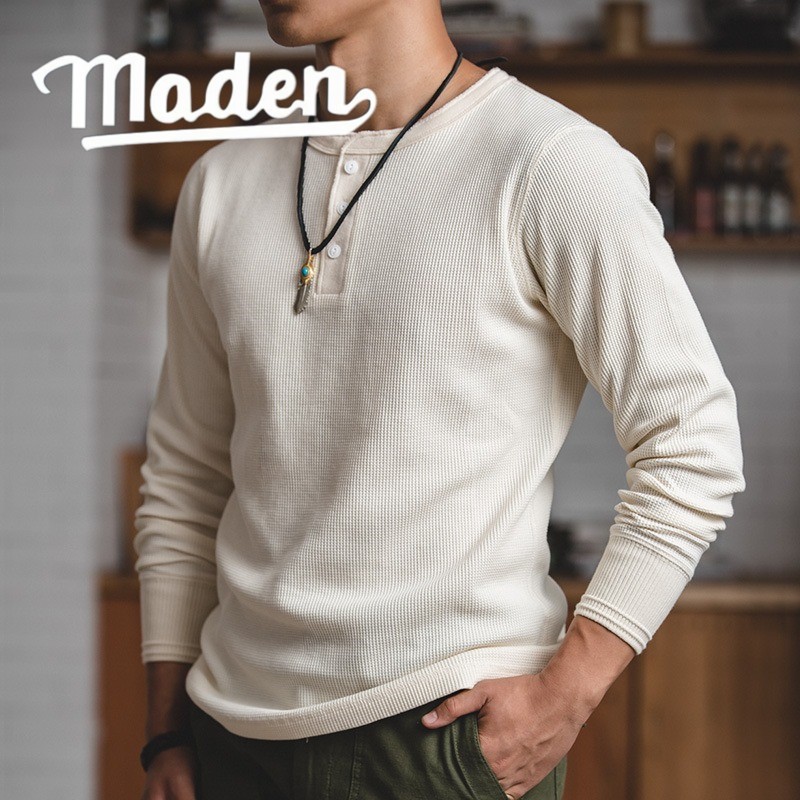 Áo nam cổ điển MADEN | Áo sơ mi Henley Waffle & Áo Hoodie dài tay màu trơn Amikaji