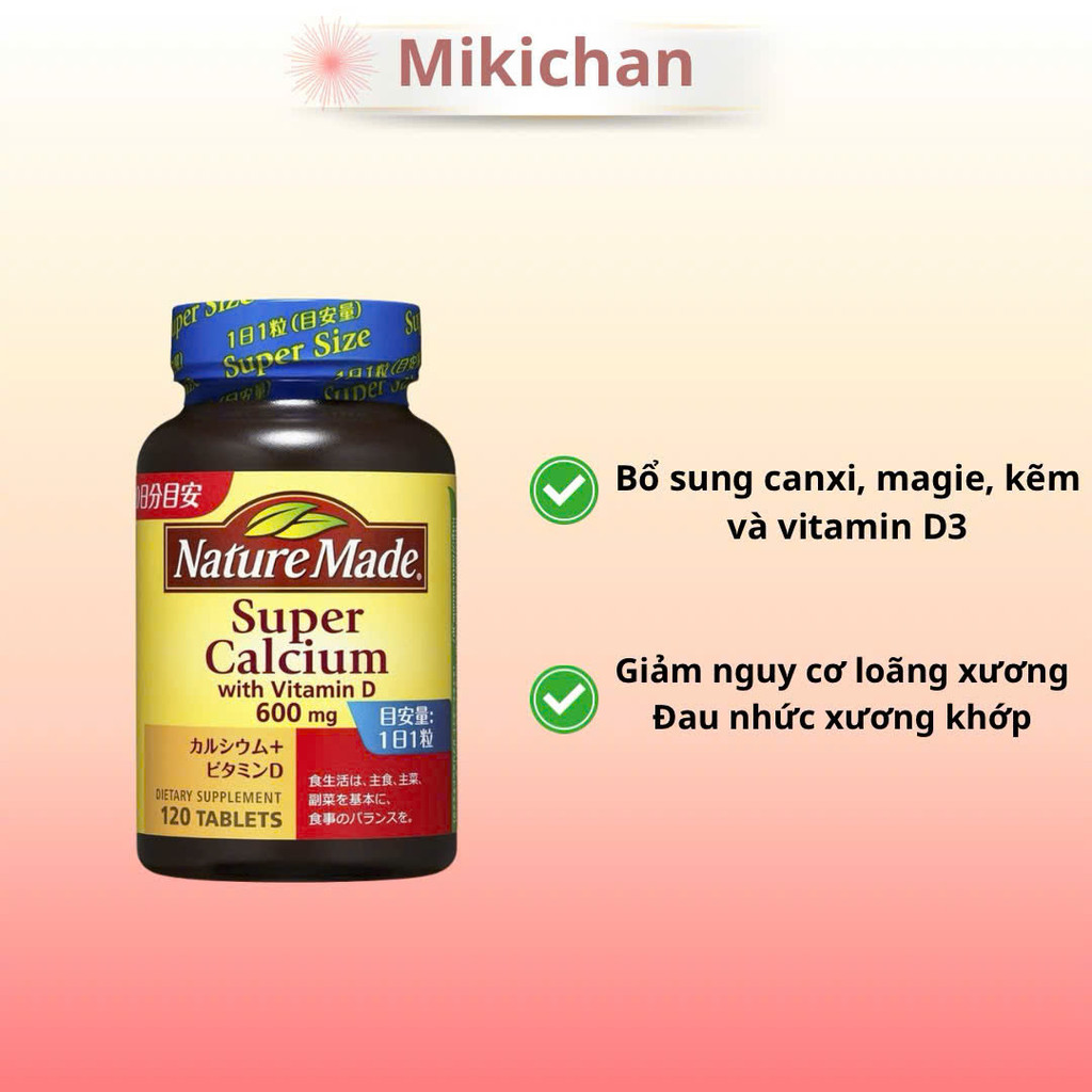 Viên uống bổ sung Vitamin D + Canxi Nhật bản Nature Made Super Calcium, hộp 120 viên