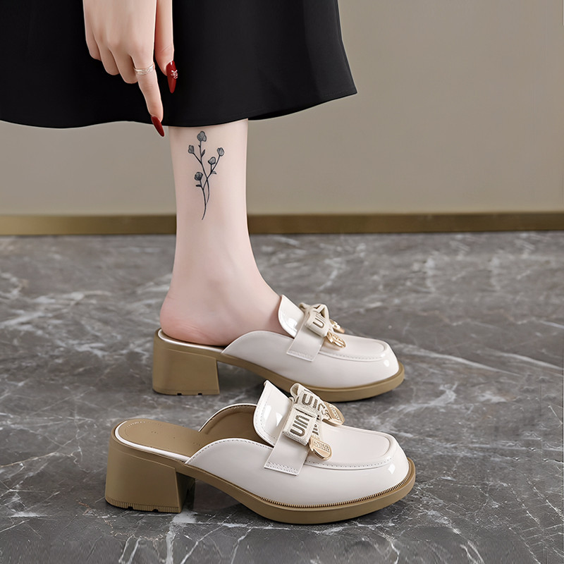 Giày Nữ Yongge A2902-1 Mary Jane Baotou Nửa Dép Khối Gót Giày Slip-On