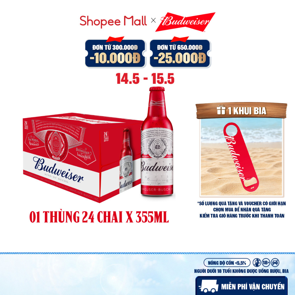 [ĐỘC QUYỀN LIVESTREAM] Thùng 24 Chai Aluminum Bia Budweiser Chính Hãng (355ml/ chai)
