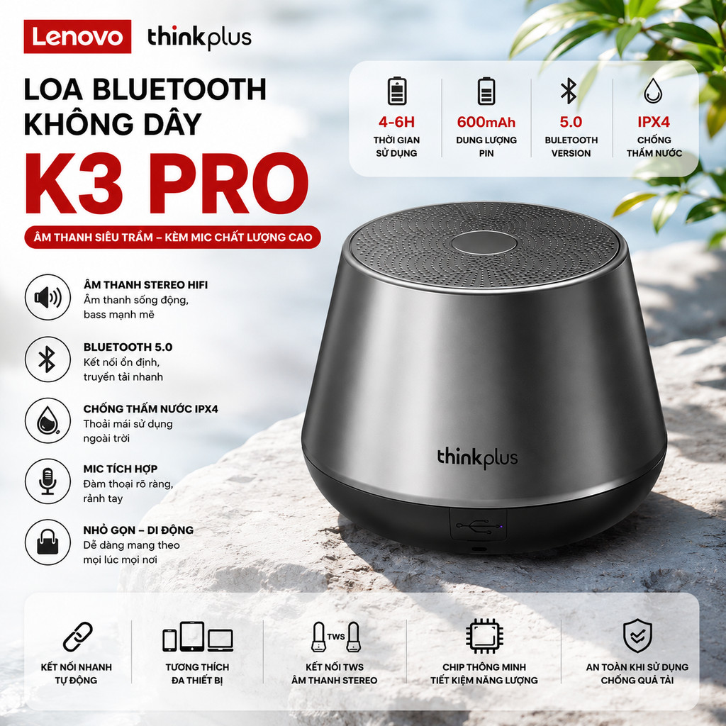 LOA NGHE NHẠC KHÔNG DÂY LENOVO THINKPLUS K3 PRO BT 5.0 ÂM THANH NỔI/TRẦM SÂU ĐÍCH THỰC  K3Pro