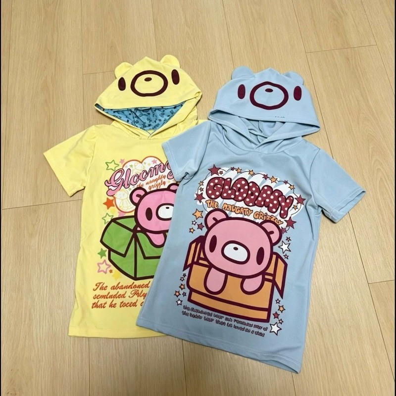Áo thun nữ Y2K in hình gấu có mũ trùm đầu High Street Vintage tay ngắn thường ngày