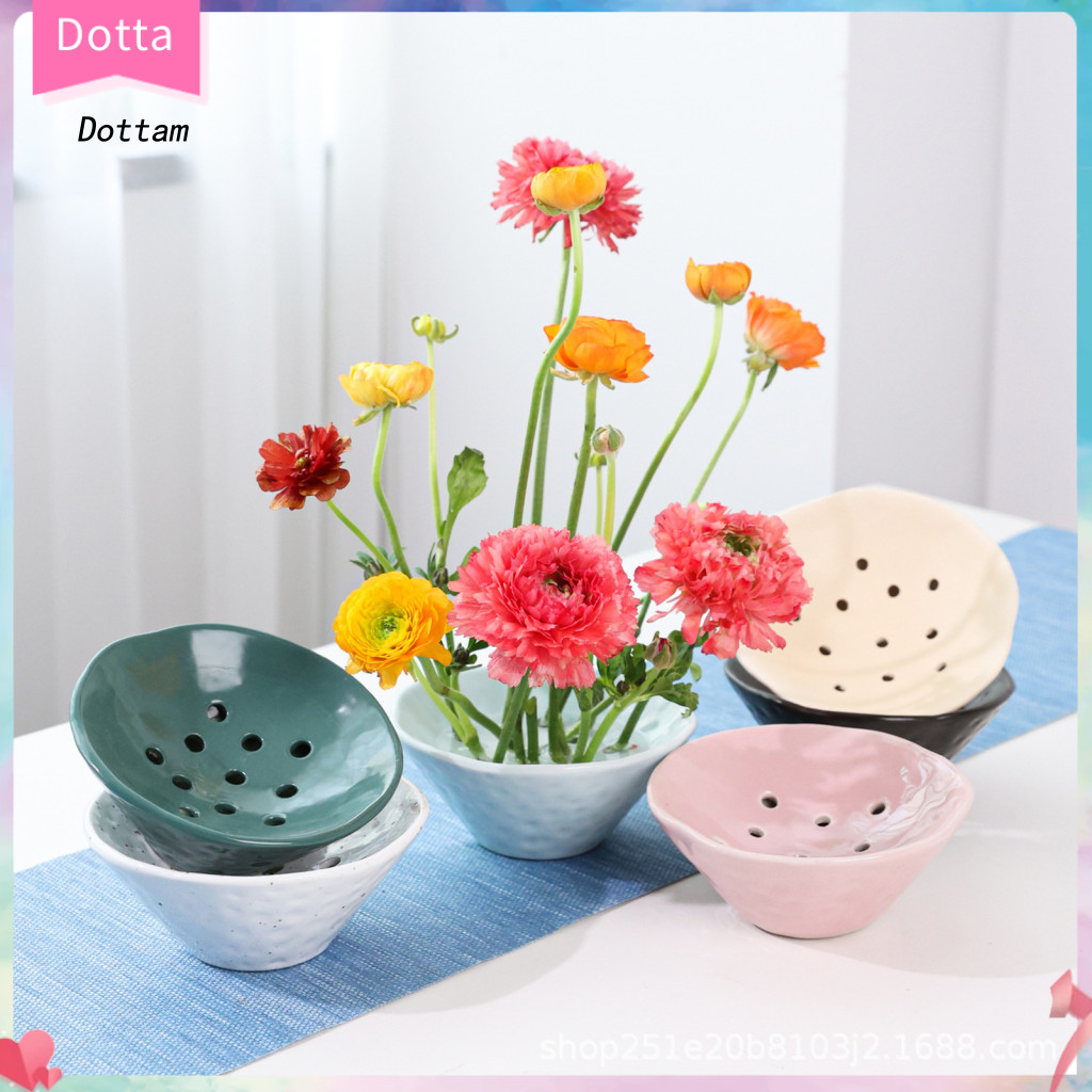 Dottam| Bát cắm hoa tối giản Bình gốm tinh tế có lỗ Bình hoa Ikebana Nhật Bản Bát ếch hoa gốm cho vă