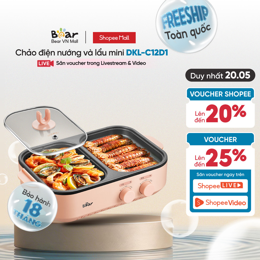 Bếp Lẩu Nướng Điện 2 Ngăn Đa Năng Mini 2 trong 1 Bear DKL-C12D1- Hàng Chính Hãng - Bảo Hành 18 Tháng