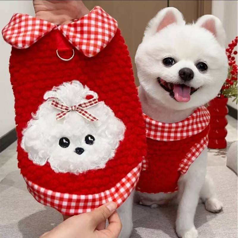 Teddy Bichon New Year Traction Autumn and Winter Fleece-Lined Pet Cat Dog Chinese New Year Clothes R