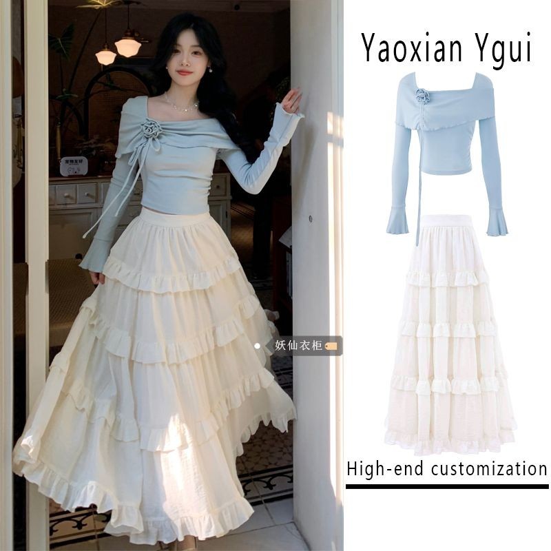 Bộ Đồ Áo Tôn Dáng Dài Tay Dài Tay Hoa Cổ Vuông Phong Cách Nhẹ Nhàng, Chân Váy Cạp Cao Mùa Thu Cho Nữ