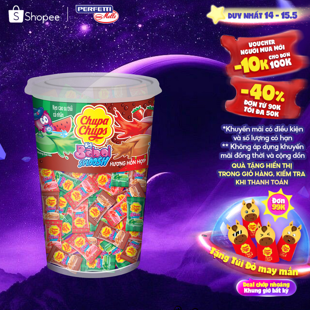 Kẹo cao su gum thổi có nhân Chupa Chups Big Babol Sploosh (Hũ 74 viên) hương dưa hấu, dâu, cola