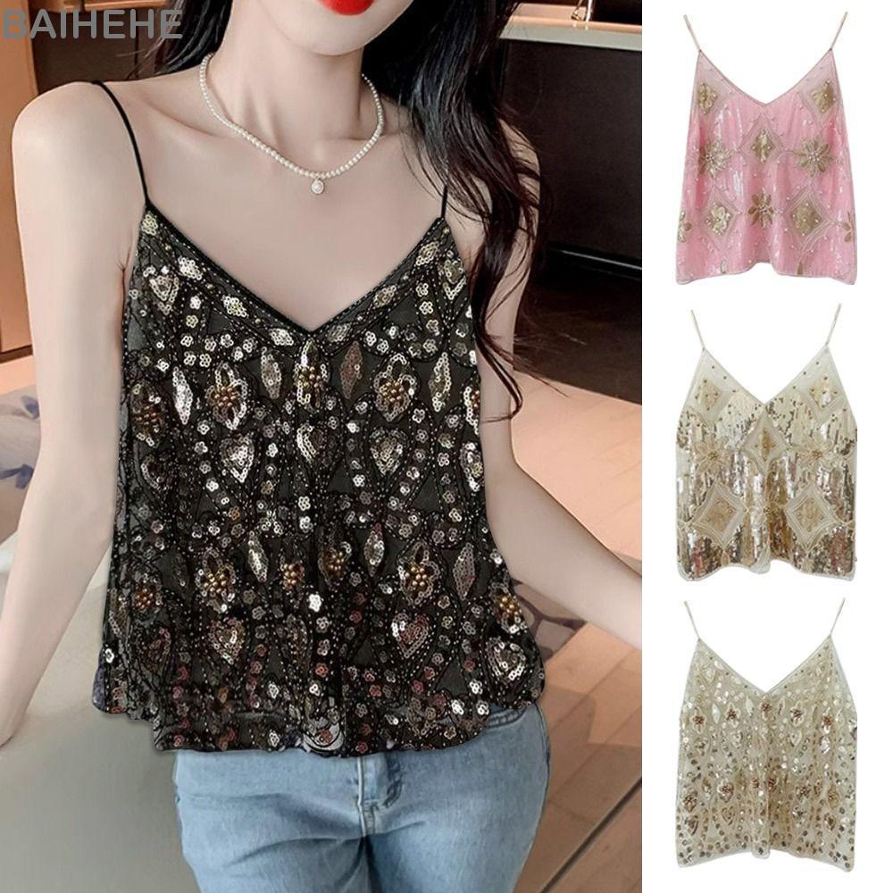 Áo ngực dây BAIHE, Áo tăng mùa hè mỏng cổ chữ V, Bling Bling Bling Sequin Bead Dạo phố Áo Vest cho n