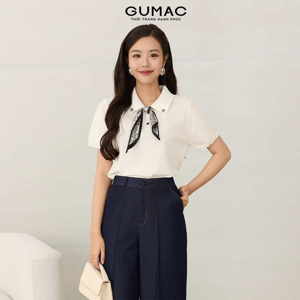 Áo polo nữ dệt kim phom suông thoải mái phối khăn cổ cách điệu thời trang GUMAC AF12018