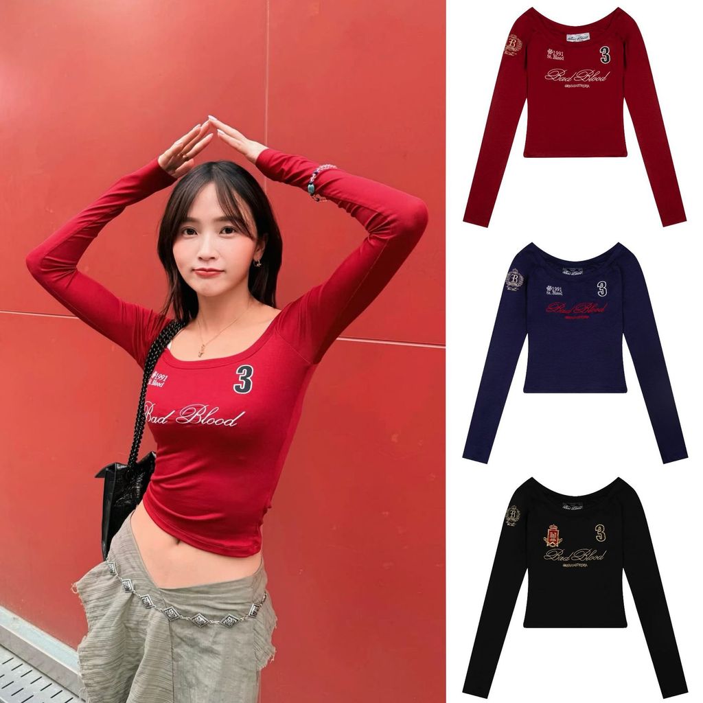 Badblood Embroidered logo, large neckline, long sleeves, American-style spicy girl off-the-shoulder 