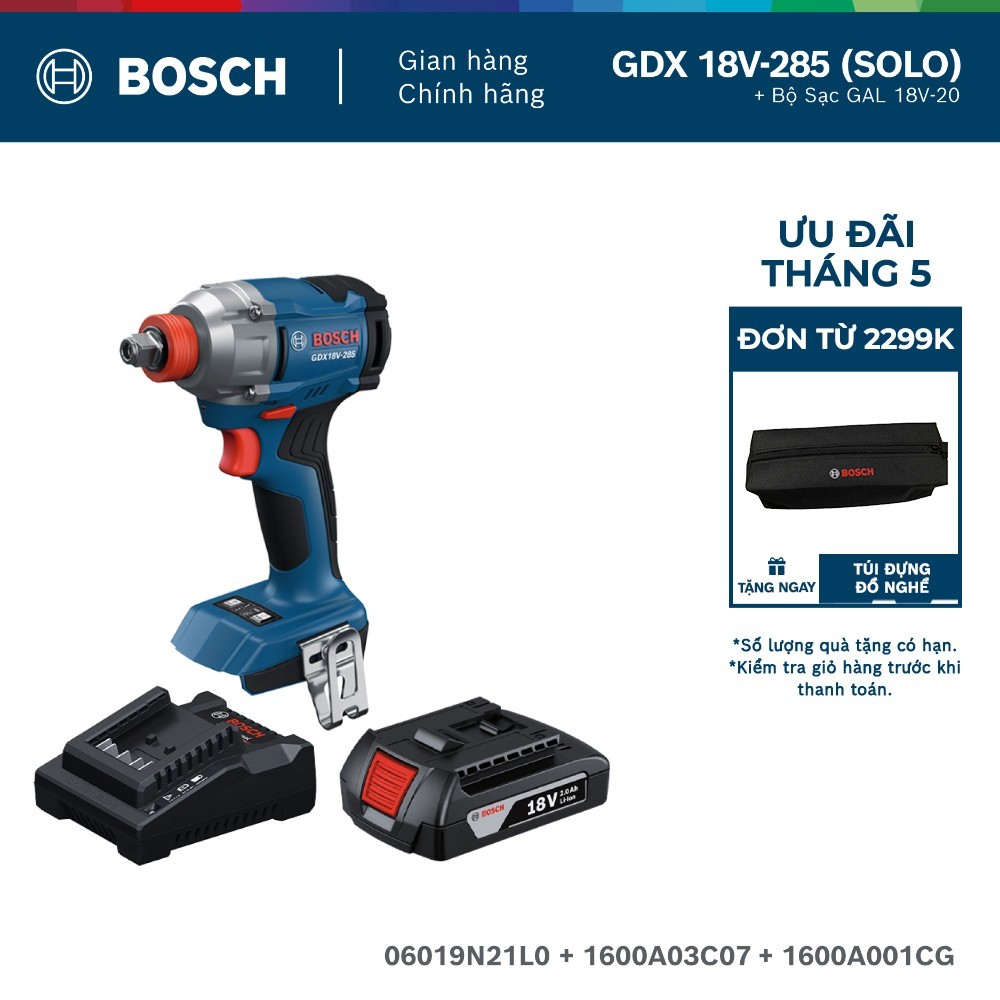 Máy bắt ốc vít dùng pin Bosch GDX 18V-285 (SOLO) + Pin GBA 2.0Ah / Bộ Sạc GAL 18V-20 (MỚI)