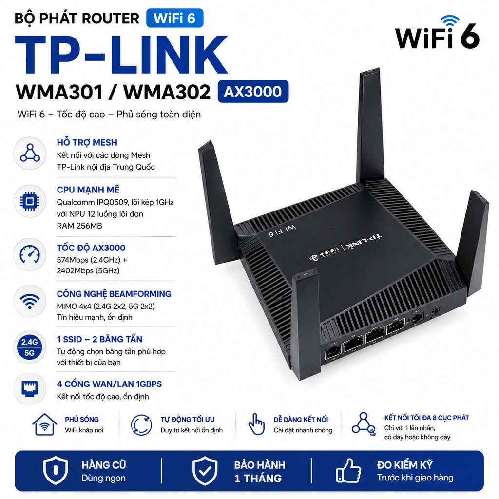 Bộ phát router AX3000 Wifi 6 TP-LINK WMA301 WMA301/302 AX3000 WTC181  AX1800 có Mesh  ĐÃ QUA SỬ DỤNG