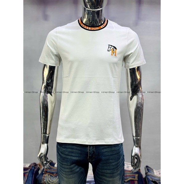 HM06 Áo Thun Nam HMENS Cổ Tròn Màu Trắng Cam In Hoạ Tiết Màu Sắc Nét.