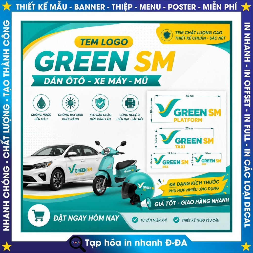 Tem Logo Grenn SM, Mẫu mới của Xanh SM, dán Ôtô, Xe máy, Mũ Bảo Hiểm