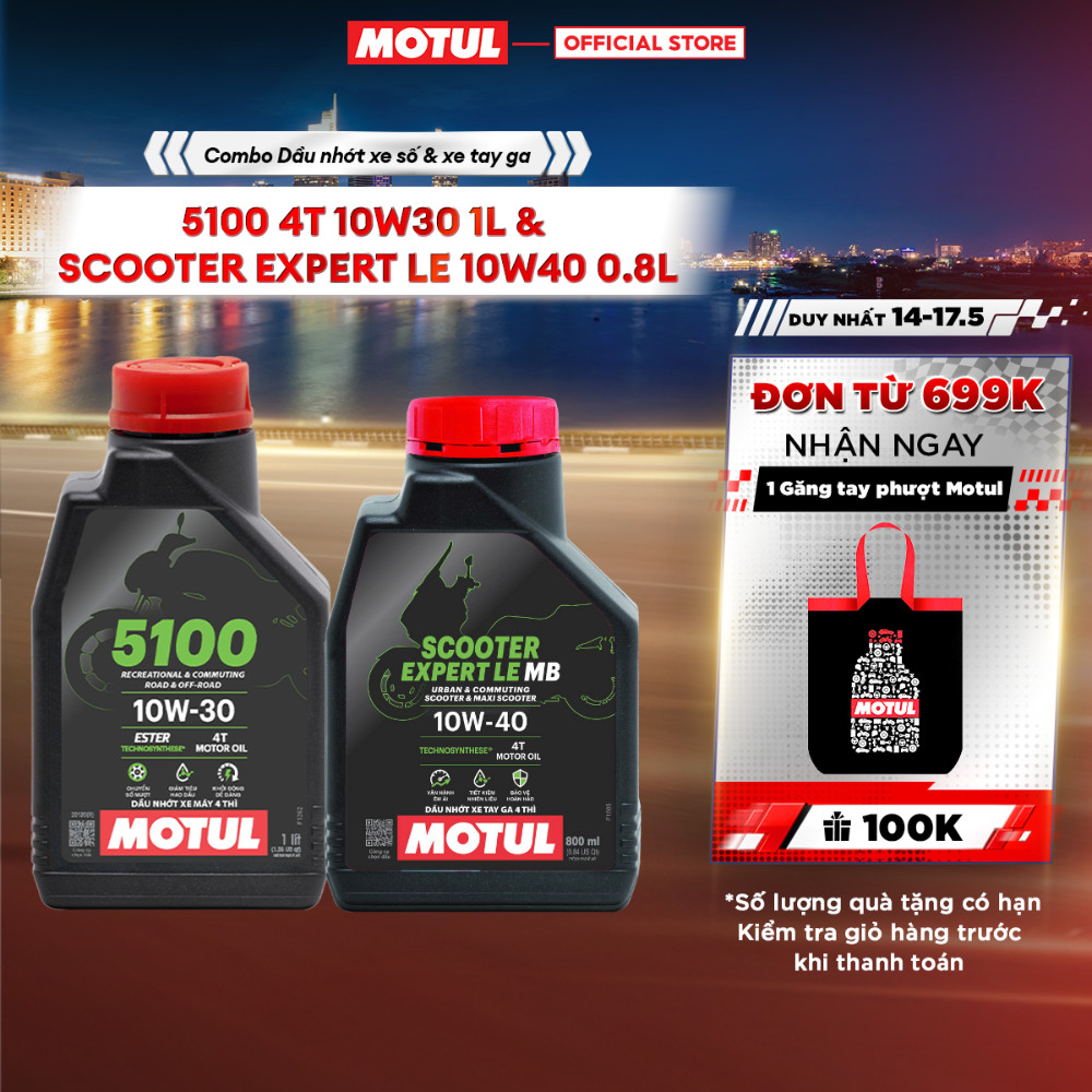 Combo Dầu nhớt xe máy Motul 5100 4T 10W30 1L và xe tay ga SCOOTER EXPERT LE 10W40 0.8L