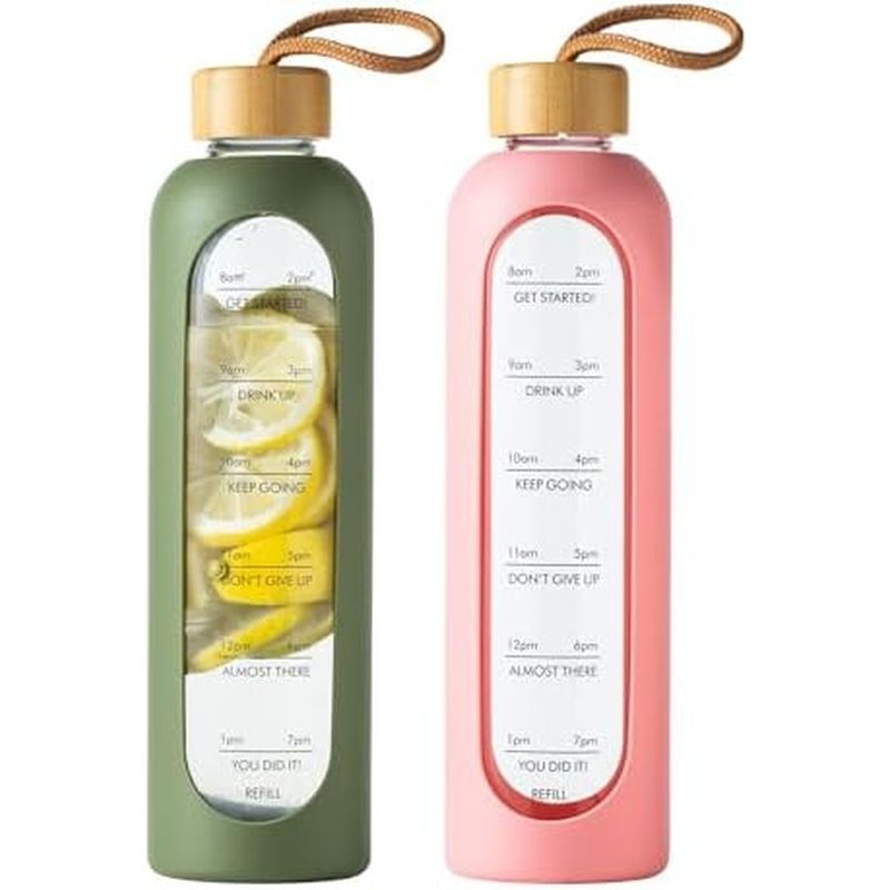 37oz Glass Water Bottle, Portable Fitness Water Bottles with Silicone Sleeve, Lead-free Reusable Wat