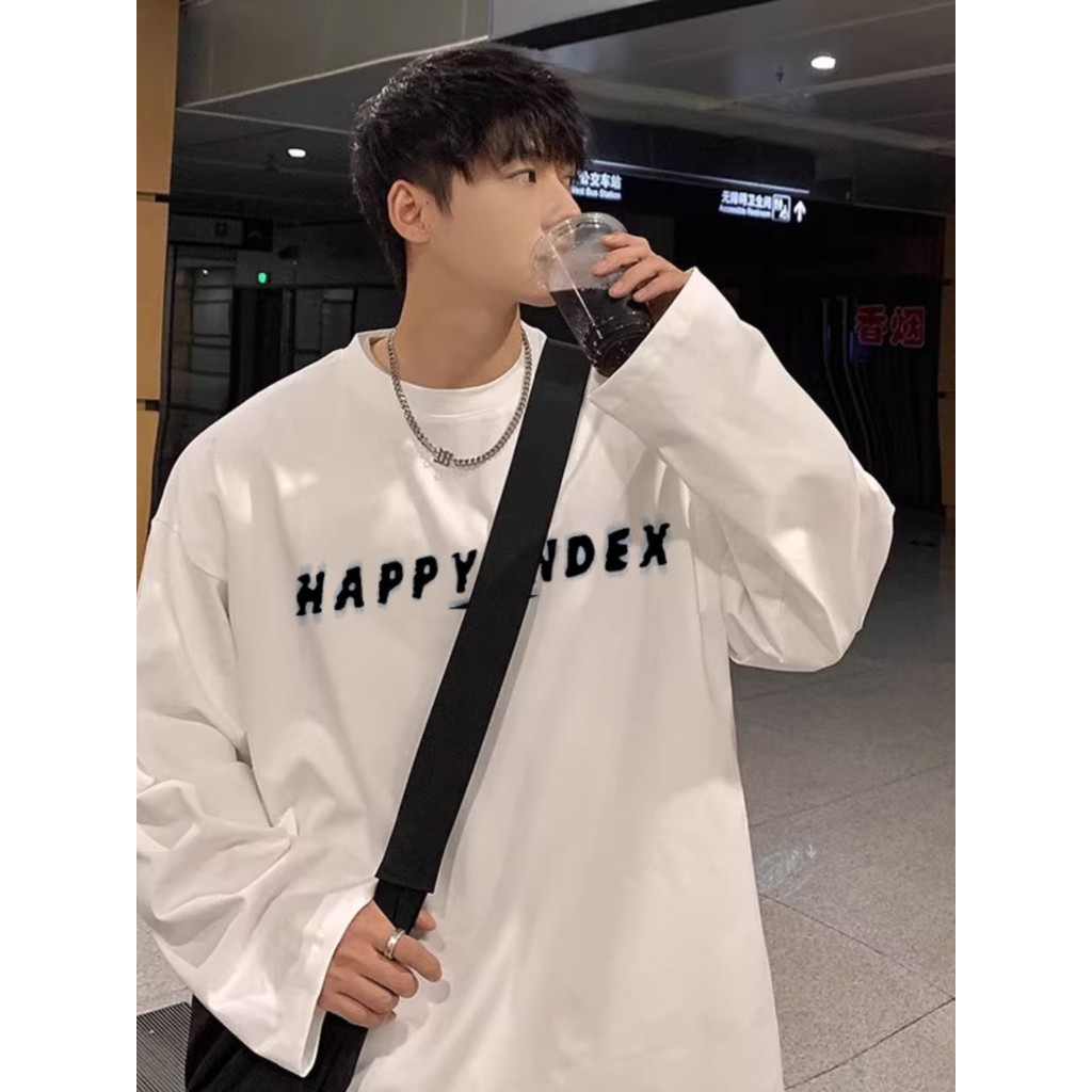 Mỹ hiphop hiphop ins Dạo Phố Cotton Nguyên Chất Dài Tay Áo Thun Nam Xuân Thu Bên Trong Rời Đáy Áo Sơ