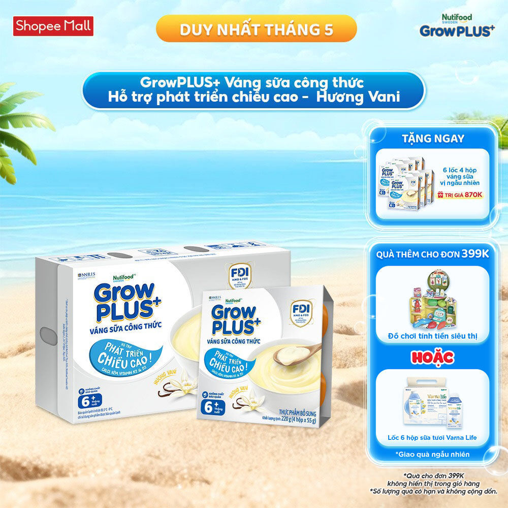 [SHIP HCM & HN] Thùng 12 lốc GrowPLUS+ Váng sữa công thức Cao lớn vượt trội Vani & Socola (55g x 48 
