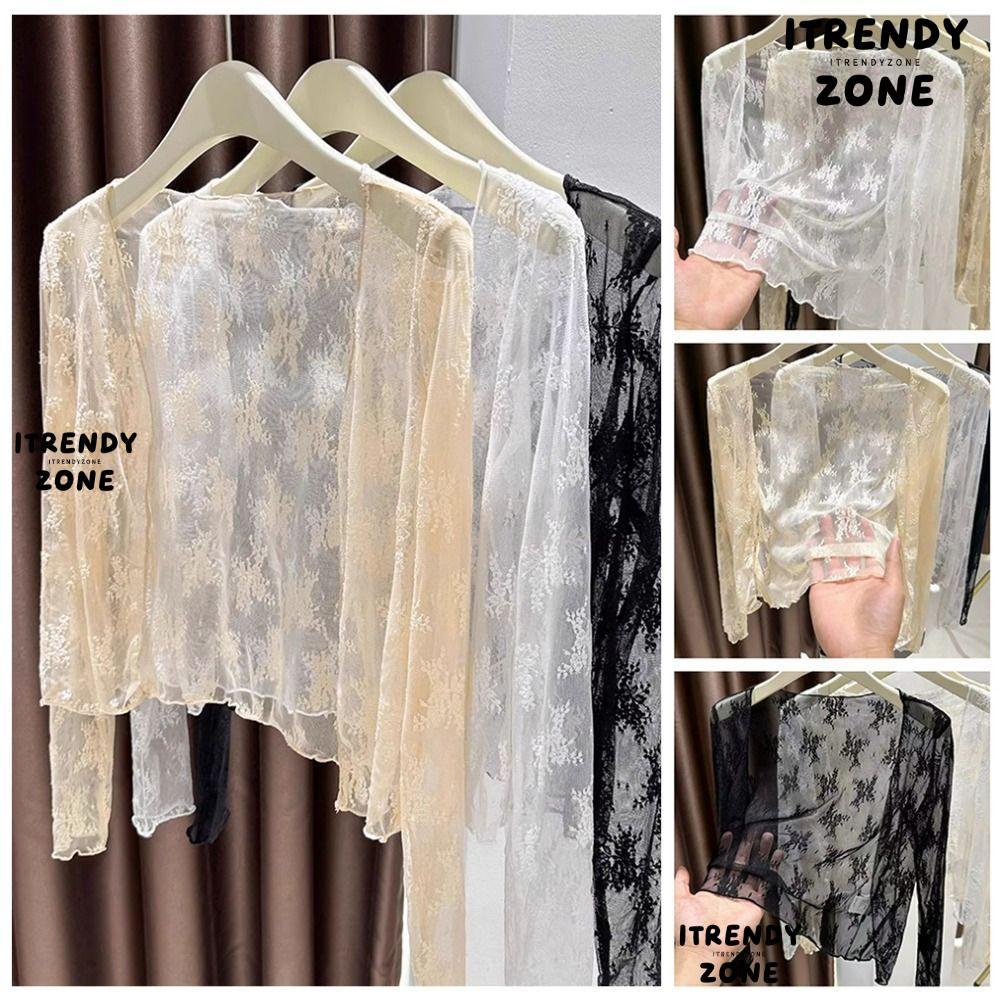 ITRENDYZONE Rỗng Cardigan, Áo Sơ Mi Voan Dài Tay Đi Biển, Áo Ren Nhẹ Rỗng Chống Nắng Áo Bewear