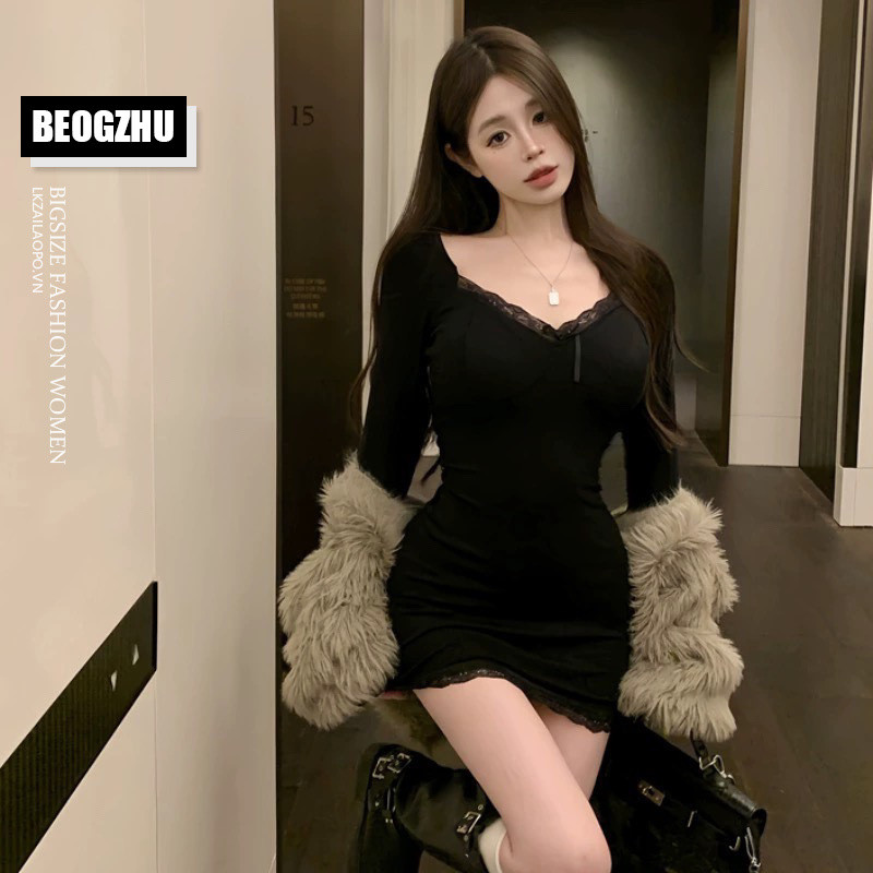 Đầm Nữ Bigsize Đầm Ôm Body Váy Midi Dáng Dài Tay Dài Sexy Dáng Ôm Mùa Xuân Thu Kiểu Hàn Quốc Thời Tr