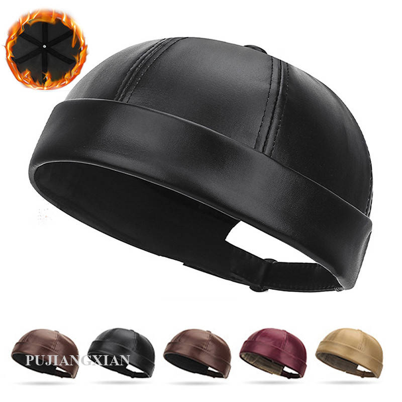 [PJX] Da PU Mũ Chủ Nhà Docker Hat Beanies Mũ Không Vành Mũ Thủy Thủ Docker Skull Cap Dạo Phố Docker 