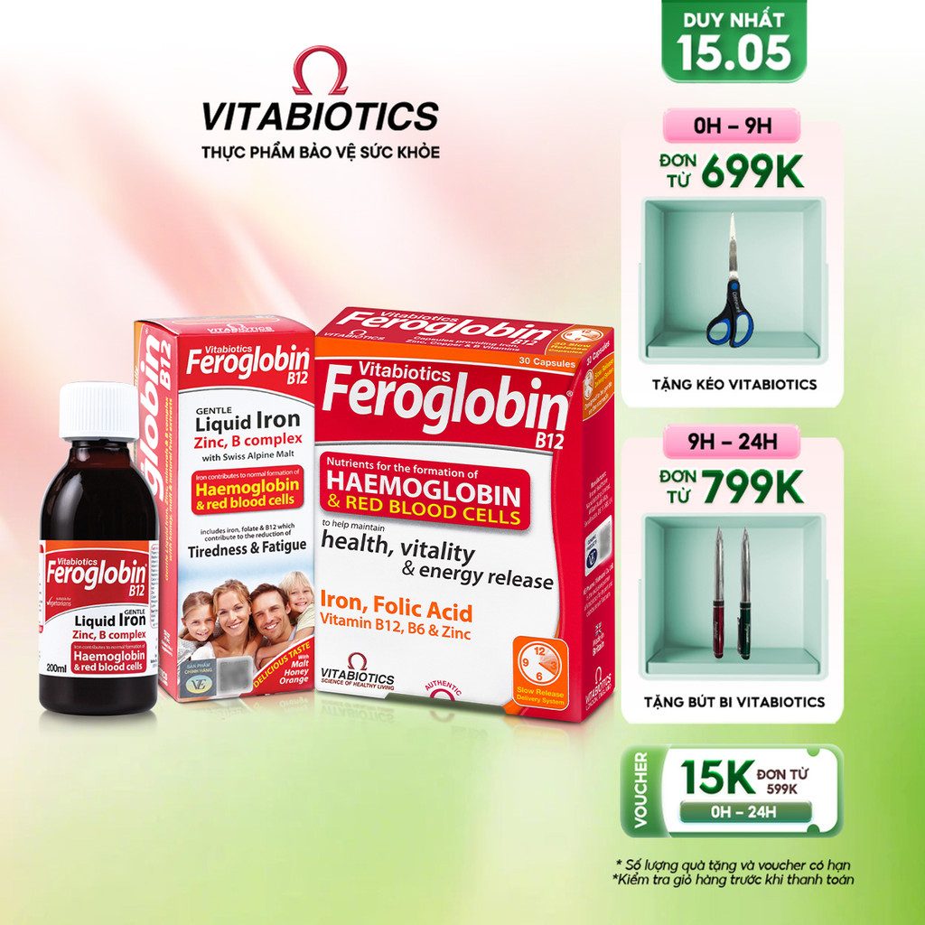 Bộ TPBVSK Feroglobin B12 Capsules & Feroglobin B12 Liquid - Hỗ Trợ Tăng Khả Năng Tạo Máu Vitabiotics