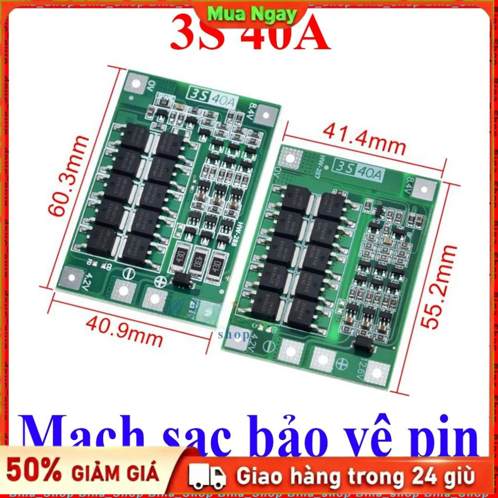 [Hàng Sẵn]Bảng mạch bảo vệ sạc pin Li-ion 3S 40A cân bằng，Có thể khởi động máy khoan，Dòng xả tức thờ