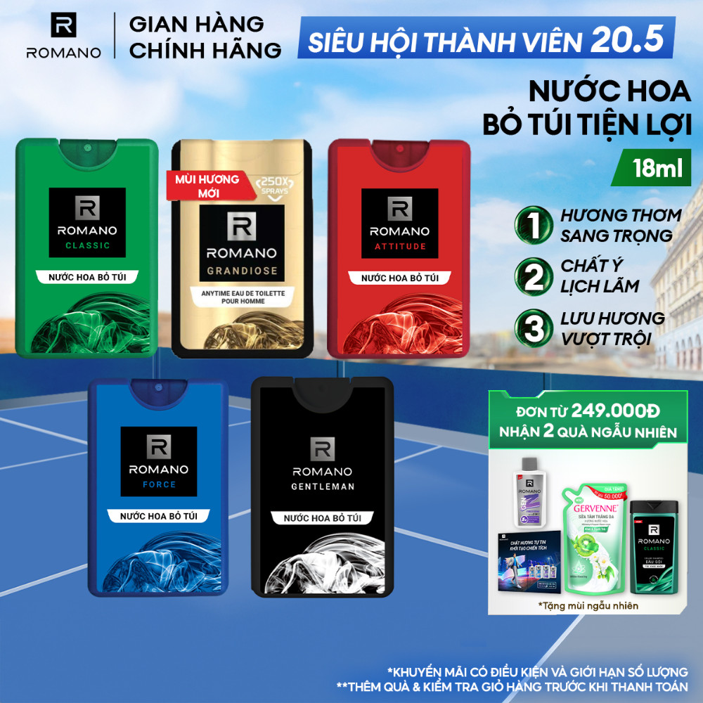 Nước hoa nam bỏ túi Romano hương Attitude/Classic/Force/Gentleman/Grandiose 18ml/chai - 4 mùi hương 