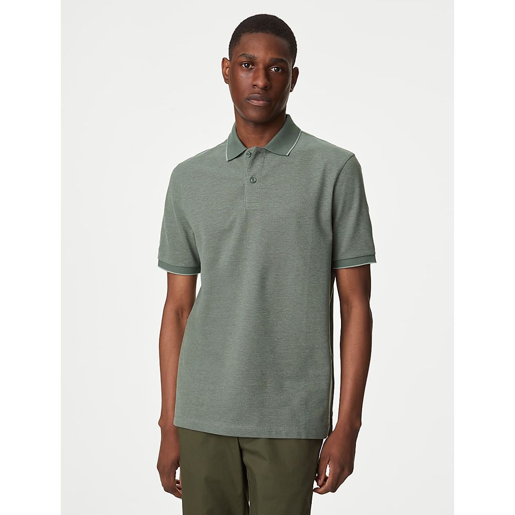M&S - Shirt Men  - Pure Cotton Tipped Pique Shirt - NATURAL