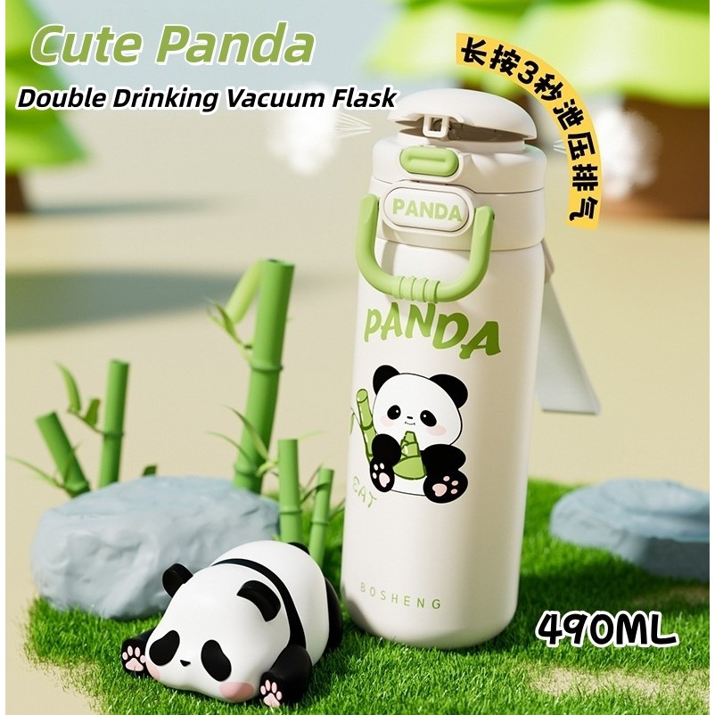 Bình nước học sinh Gấu trúc Cute Pipjoy,bình giữ nhiệt có ống hút 490ml,cốc uống nước inox 316,bình 