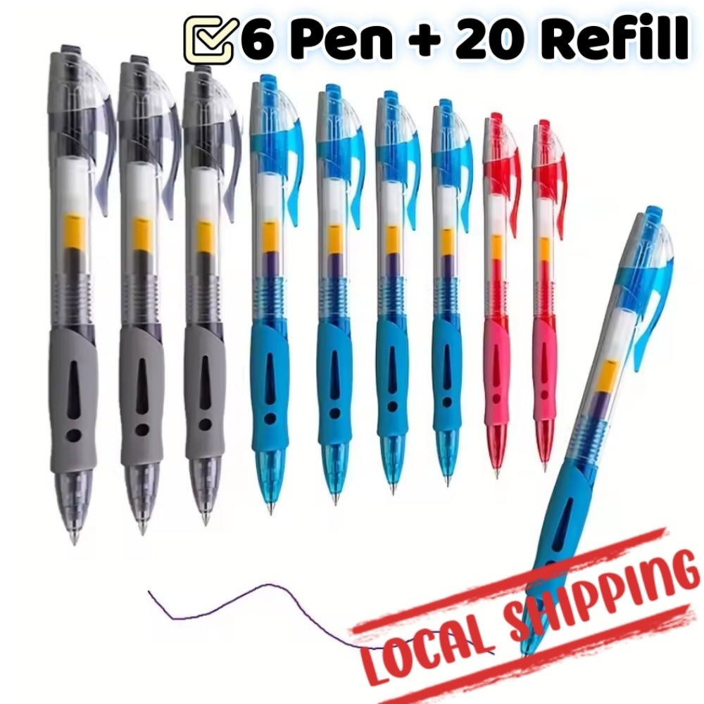 [6 bút + 20 ngòi] Bút mực gel ngòi 0.5mm có thể thu gọn, Bút bi nước 3 màu