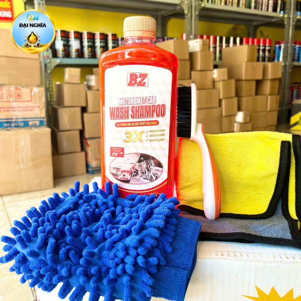 Combo Nước Rửa Xe BZ, Xà Bông BZ Kèm Bộ Rửa Xe Kèm Cọ Khăn Bao Tay Rửa Xe Cho Xe Máy