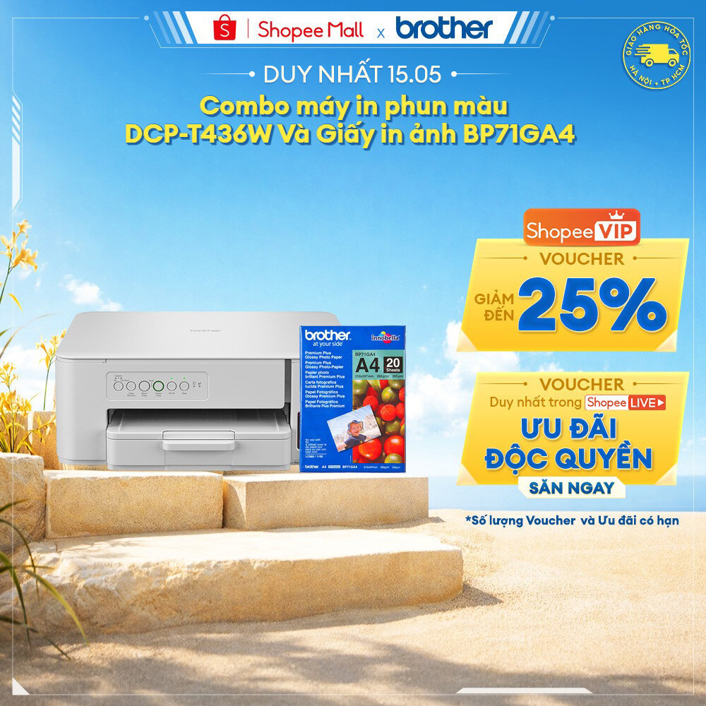Combo máy in phun màu đa năng Brother DCP-T436W + Giấy in ảnh  BP71GA4