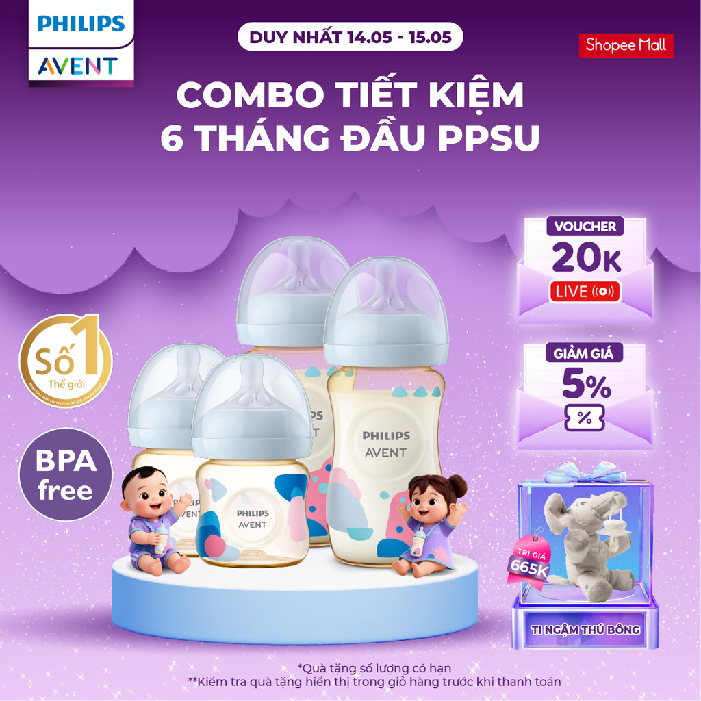 Combo tiết kiệm 6 tháng đầu PPSU - 4 Bình sữa mô phỏng tự nhiên PPSU Philips Avent 125ml & 260ml
