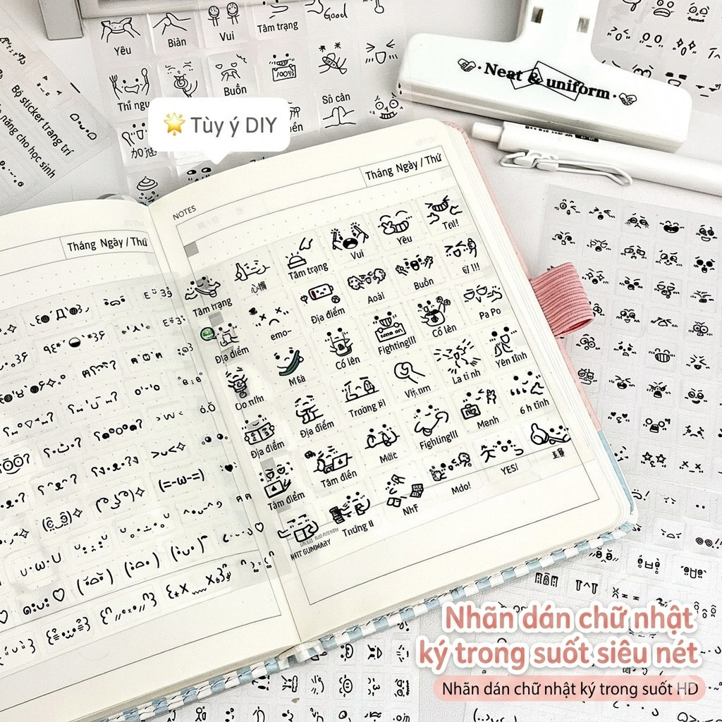 Set 10 Sticker Emoji Hoạt Hình Dễ Thương 8x8cm Trong Suốt Trang Trí Journal Planner Scrapbook STI113