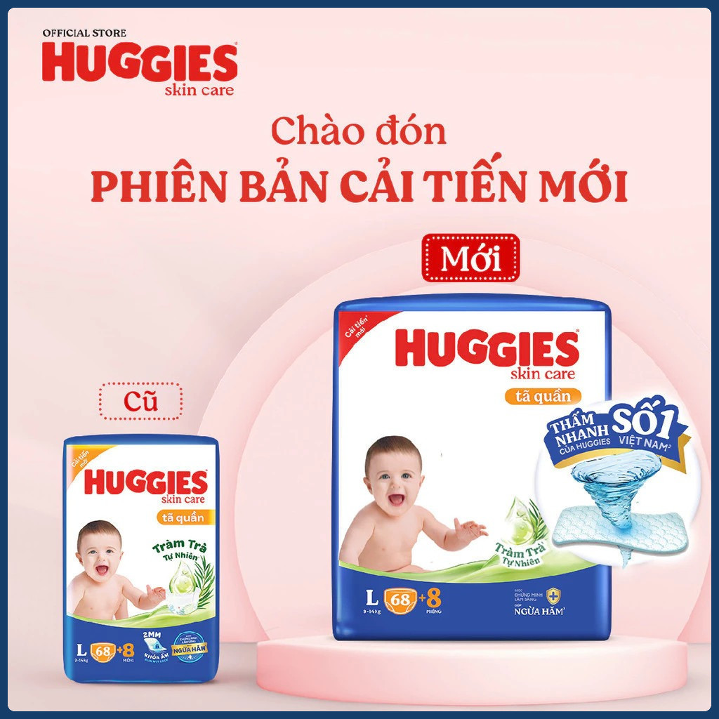 Tã quần Huggies Skincare Mega Jumbo M102+4/L100+4/XL84+4/XXL76+4, Bỉm Huggies Tràm Trà Ngừa Hăm Dịu 