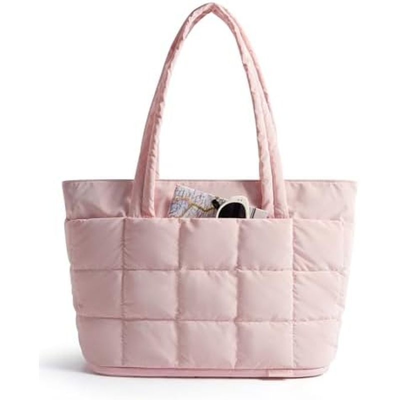 BAGSMART Expandable Tote Bag for Women, Puffer Work Tote Handbag, Quilted Carry On Bag for Travel Gy