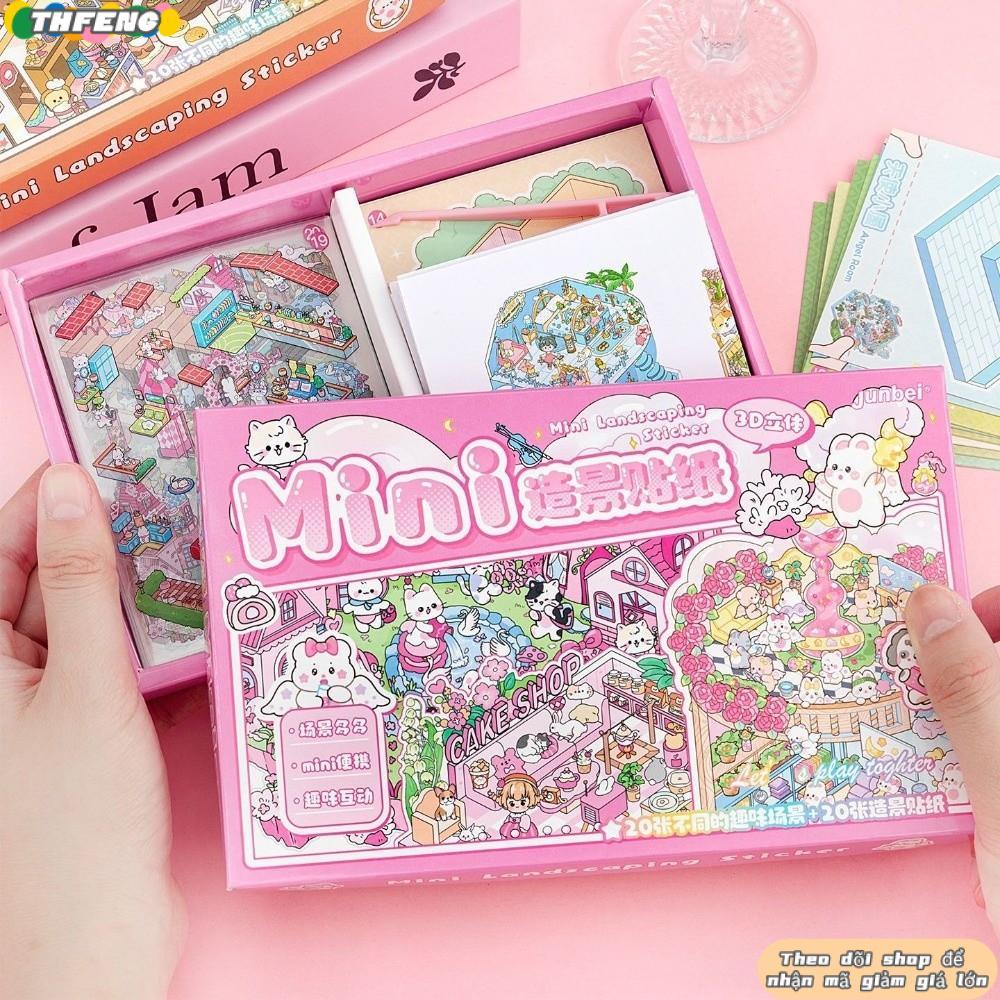 THFENG Cabin Scene Pocket Sticker, Nhà thu nhỏ PET Phong cảnh Sticker Book, Sách cảnh thu nhỏ hoạt h