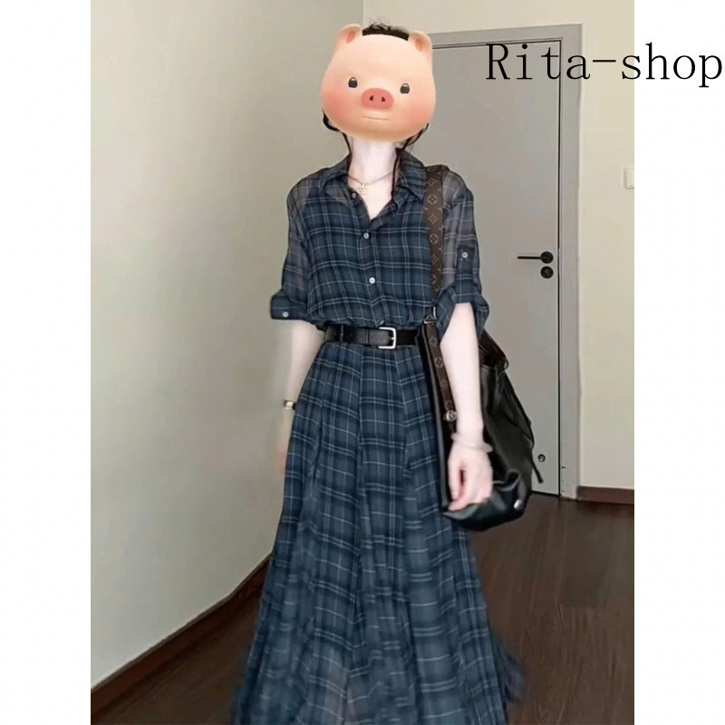 [Pre-Order] Váy Sơ Mi Caro Xanh Phong Cách Hàn Quốc Thanh Lịch Dáng Suông Che Dáng Hot Trend | BigBuy360 - bigbuy360.vn