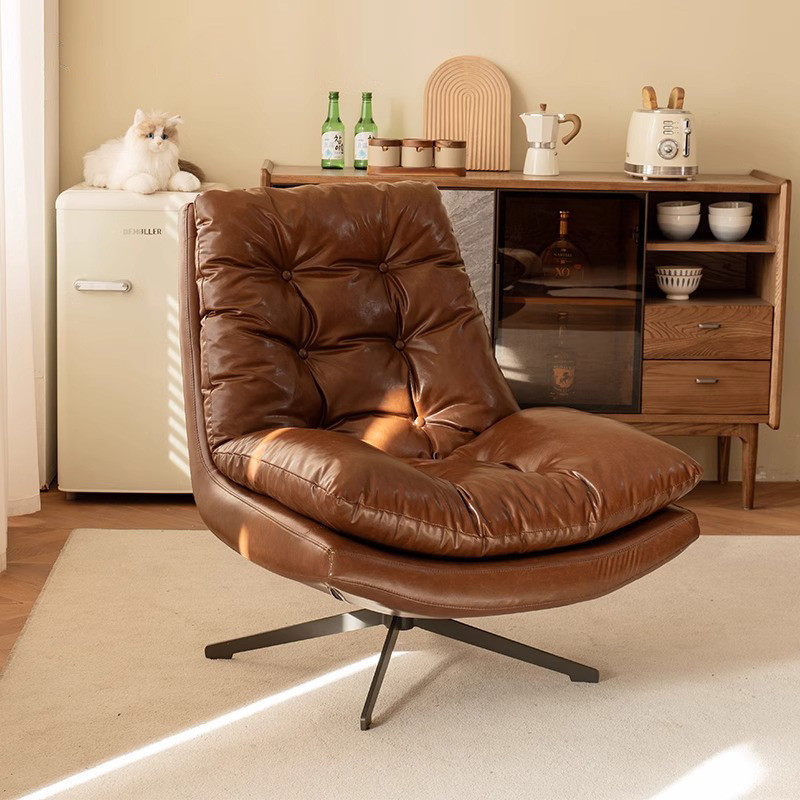Ghế xoay đơn retro bằng da thật, ghế sofa phòng khách, ghế sofa lười đơn giản sang trọng nhẹ nhàng, 