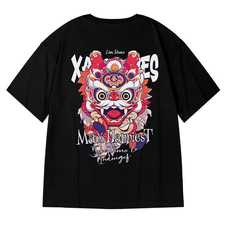 "Max Hạnh Phúc Nhất" Lion Dance Graphic Áo Thun Đen Nam Dạo Phố Cổ Top Plus Size Oversi
