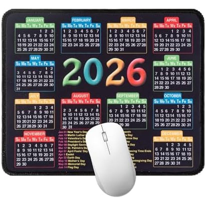 Mouse Pad with Stitched Edge, Computer Mouse Mat with Non-Slip Rubber Base, 2026 Calendar Mousepad