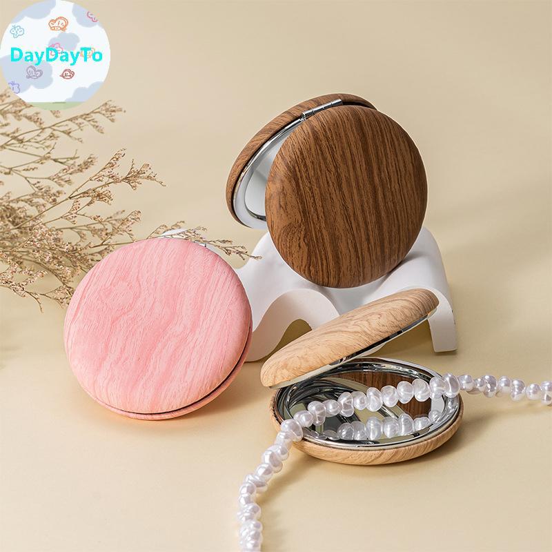 DayDayTo Mini Vintage Gương Trang Điểm Hạt Gỗ PU Gấp Gương Tròn Du Lịch Gương Trang Điểm Di Động Nhà